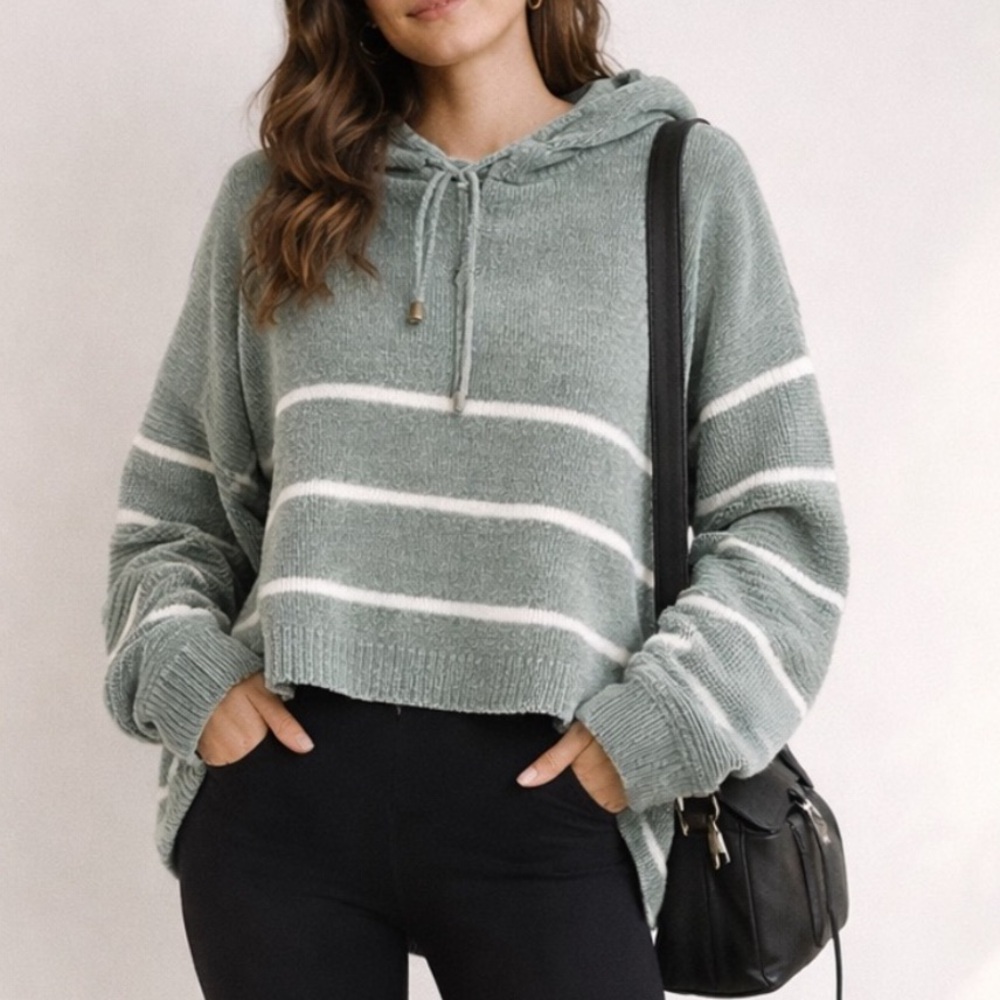 Rachel Zoe Knit Sea Foam Green Chunky Knit Sweater Sz L Drawstring Hood